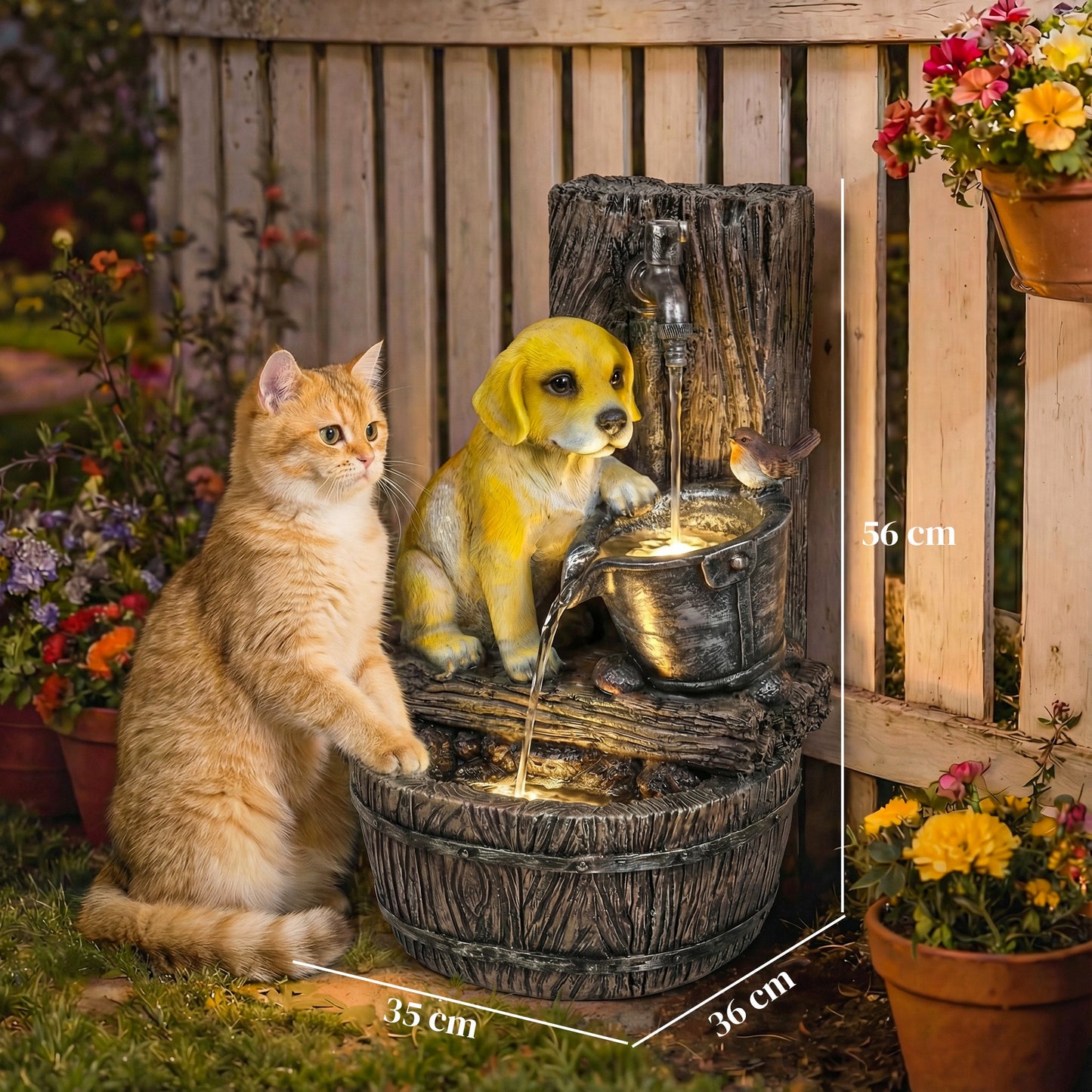 3-Tier Resin Garden Fountain | Hand-Painted Puppy & Bird Design | Warm LED Lights | 3-Speed Adjustable Pump | 5W | 230V | 3m Cable | 35x36x56cm | Garden & Patio | Rustic Brown & Yellow