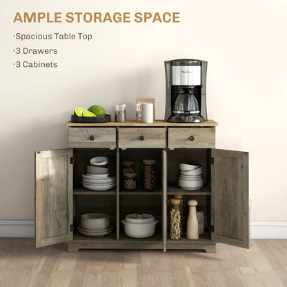 Modern Sideboard with Rubberwood Top, Buffet Cabinet with Storage Cabinets, Drawers and Adjustable Shelves for Dining Room, Kitchen