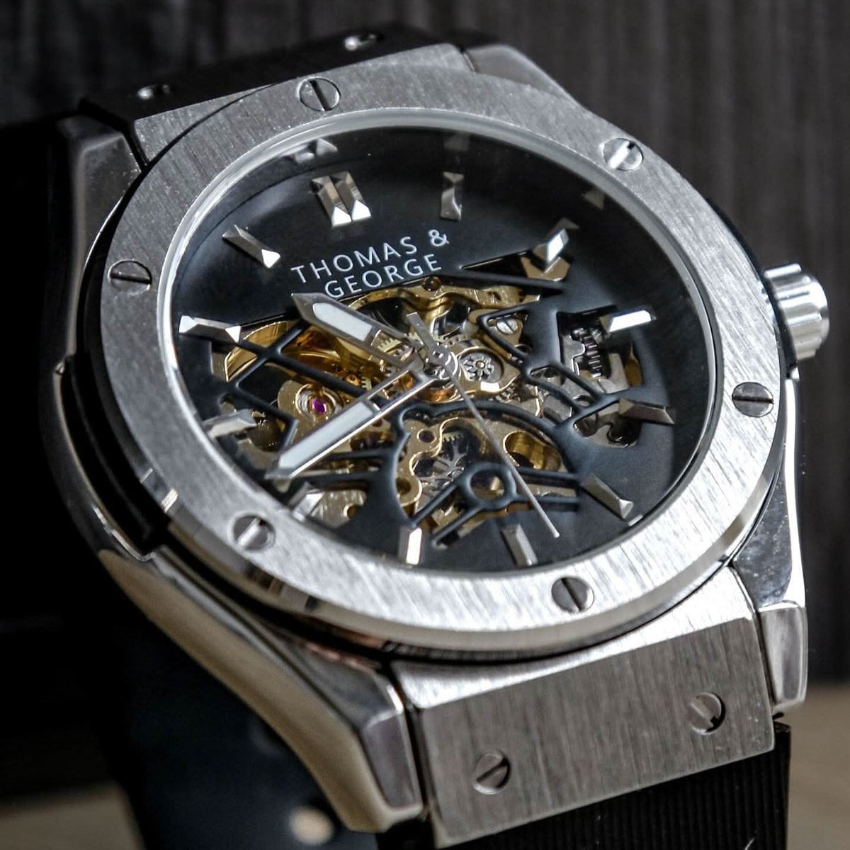 Thomas & George Norway Silver Edition Automatic Skeleton Watch | 42mm Silver-Tone Alloy Case & Black Dial | Flexible Black Silicone Strap