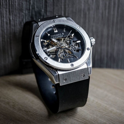 Thomas & George Norway Silver Edition Automatic Skeleton Watch | 42mm Silver-Tone Alloy Case & Black Dial | Flexible Black Silicone Strap