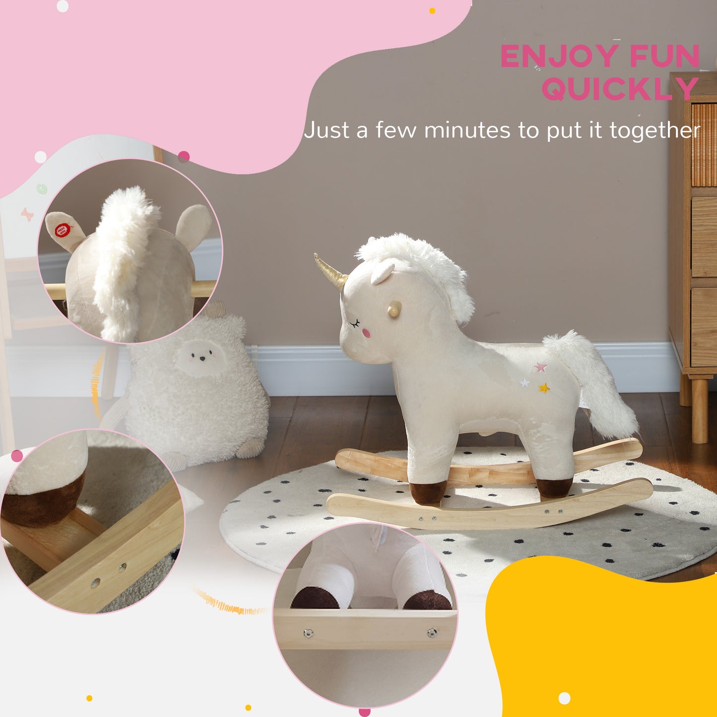 Rocking Horse with Unicorn Design, Sound, for 2-4 Years Old, White