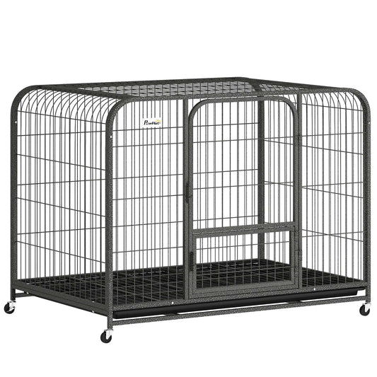 Heavy Duty Dog Crate | 116x77x88cm | 3 Doors | Slide-Out Tray | 4 Wheels | Raised Base | 30kg | Black