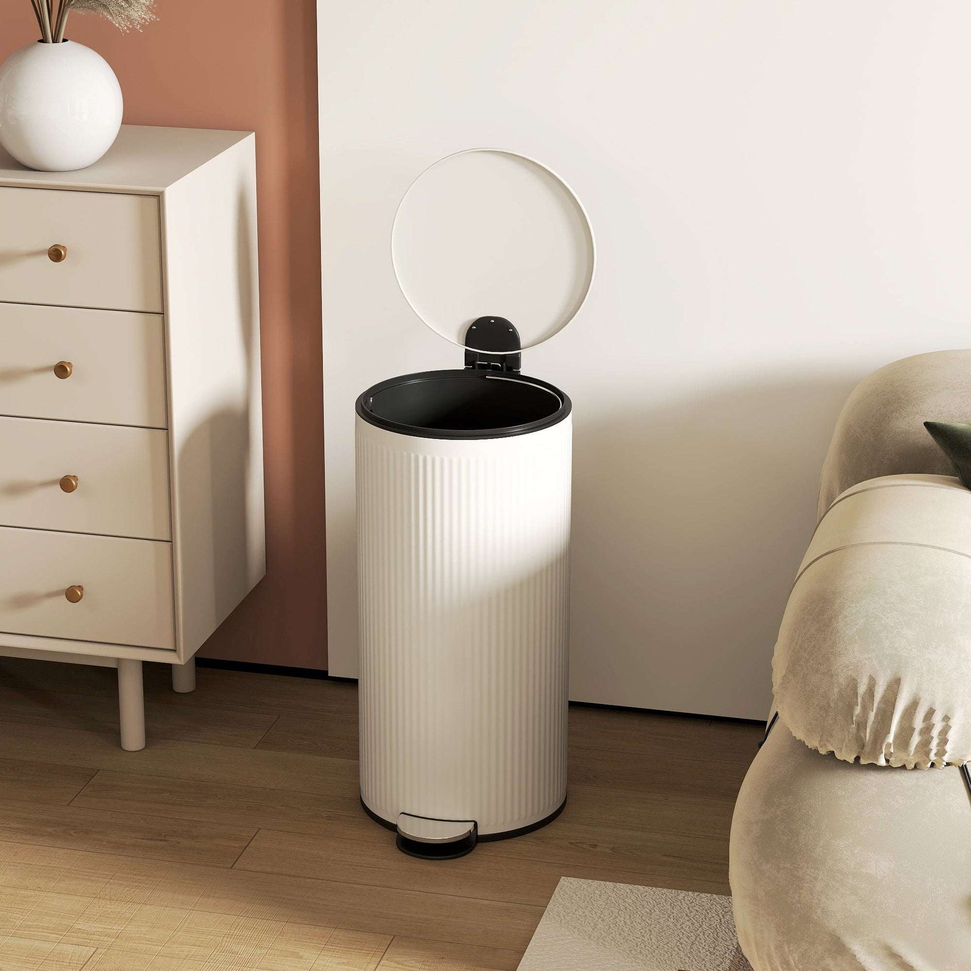 30L Kitchen Pedal Bin | Soft-Close Lid | Removable Inner Bucket | Lid Stay-Open | Fingerprint-Proof | Vertical Striped Metal & PP | Fully Assembled | 36x30x60.5cm | Cream
