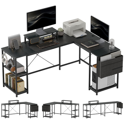 168cm Reversible L Shaped Desk, Industrial Corner Computer Desk with Adjustable Shelf and Storage Bag, 240cm 2 Person Desk with Monitor Stand