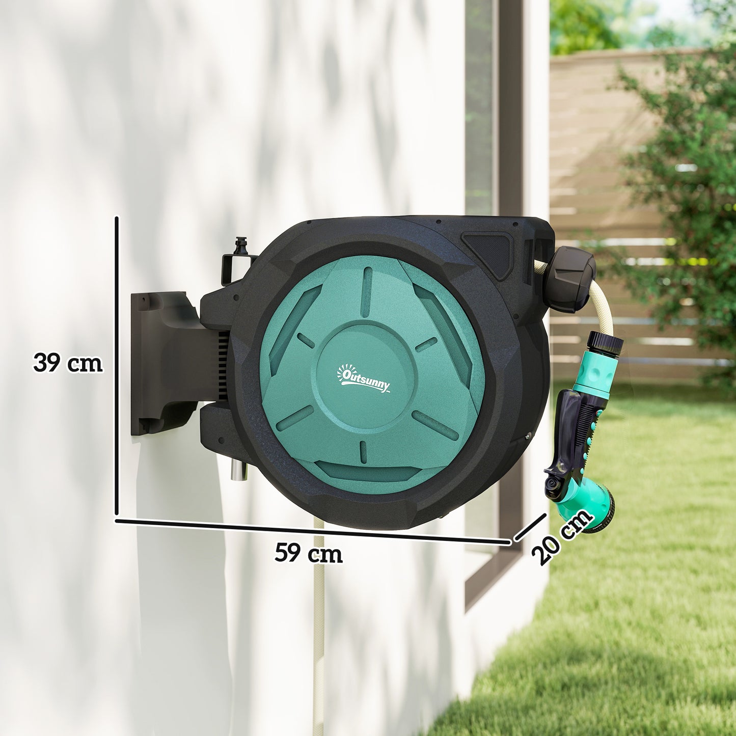Retractable Hose Reel Wall Mounted, 20+2m Garden Hose Pipe Reel with Lock, Auto Rewind, 7 in 1 Spray Nozzle, Includes Wall Fixings, 180° Swivel, Outdoor Watering, 59 x 20 x 39 cm, Black