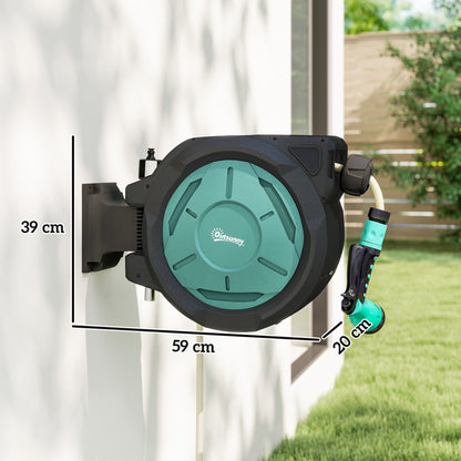 Retractable Hose Reel Wall Mounted, 20+2m Garden Hose Pipe Reel with Lock, Auto Rewind, 7 in 1 Spray Nozzle, Includes Wall Fixings, 180° Swivel, Outdoor Watering, 59 x 20 x 39 cm, Black