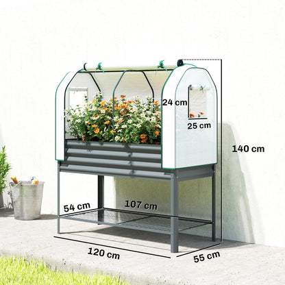 Galvanised Raised Planter with Greenhouse Cover | PE Cover Roll-Up Door & Side Vents | Elevated on Legs | Bottom Mesh Shelf | 180kg Capacity | 120x55x140cm | Dark Grey