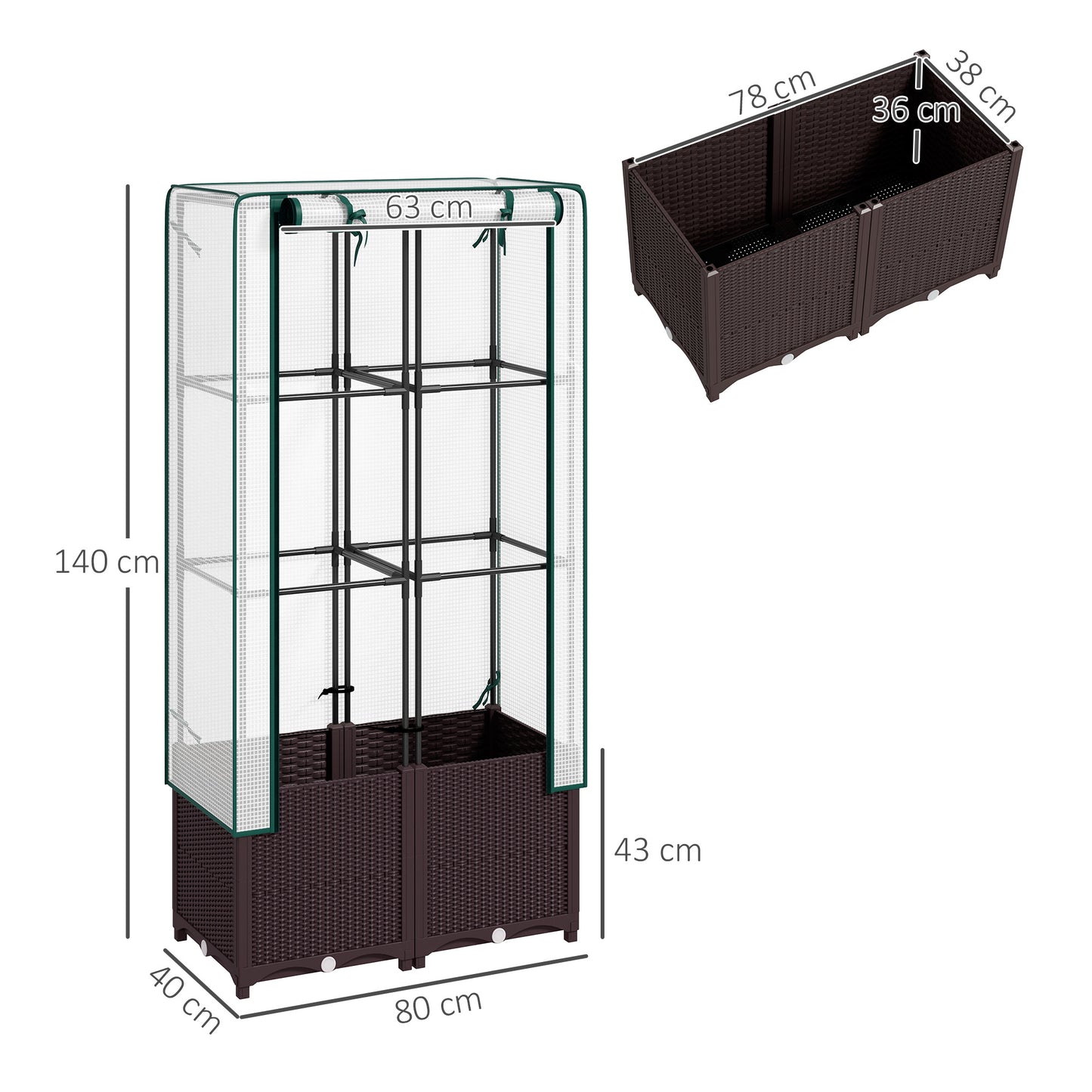 Raised Garden Bed with Trellis, Plastic Planter Box with Drainage Holes and Drain Plugs for Climbing Plants, Vegetables, Flowers