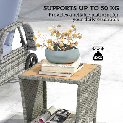 2-Tier Outdoor Rattan Side Table | PS Wood-Plastic Slat Top | PE Wicker | Powder-Coated Frame | UV-Resistant | 50kg | 45x45x43cm | Light Grey