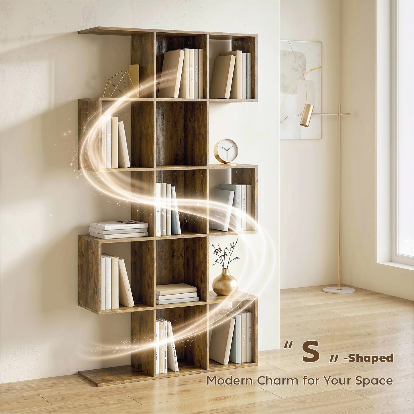 5-Tier S-Shaped Bookcase | 15 Compartments | Rustic Brown | 80 x 157.5 cm