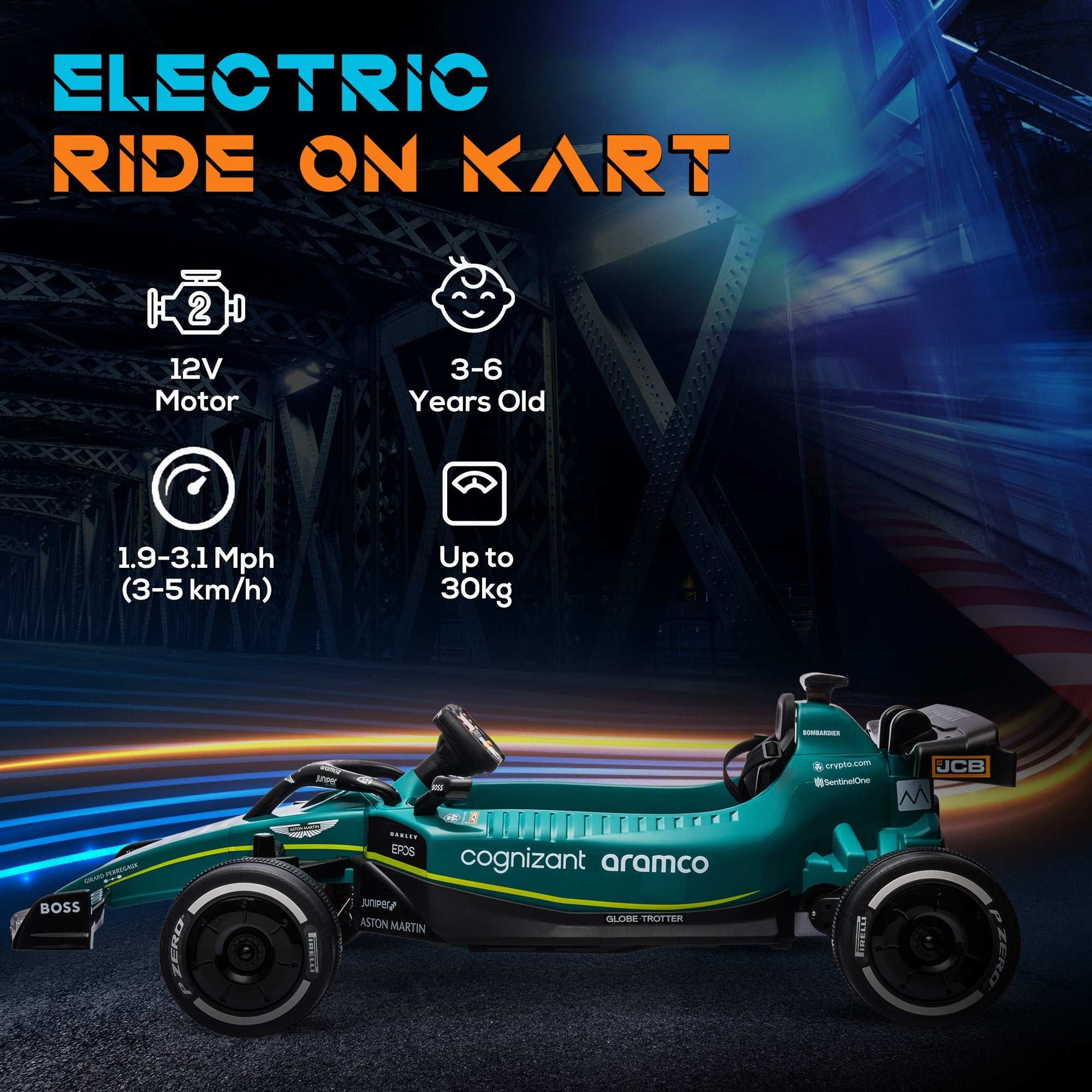 AIYAPLAY 12V Official Licensed Aston Martin Electric Go Kart, Kids Ride On F1 Racing with Shock-Absorbing Wheels, Bluetooth, Music Horn, Green
