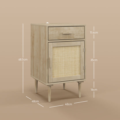 Set of 2 Rattan Boho Bedside Tables | Drawer & Cabinet | Natural Wood Finish