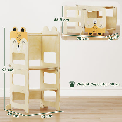 Toddler Learning Tower | Natural 3-in-1 Kitchen Step Stool with Chalkboard & Fox Design