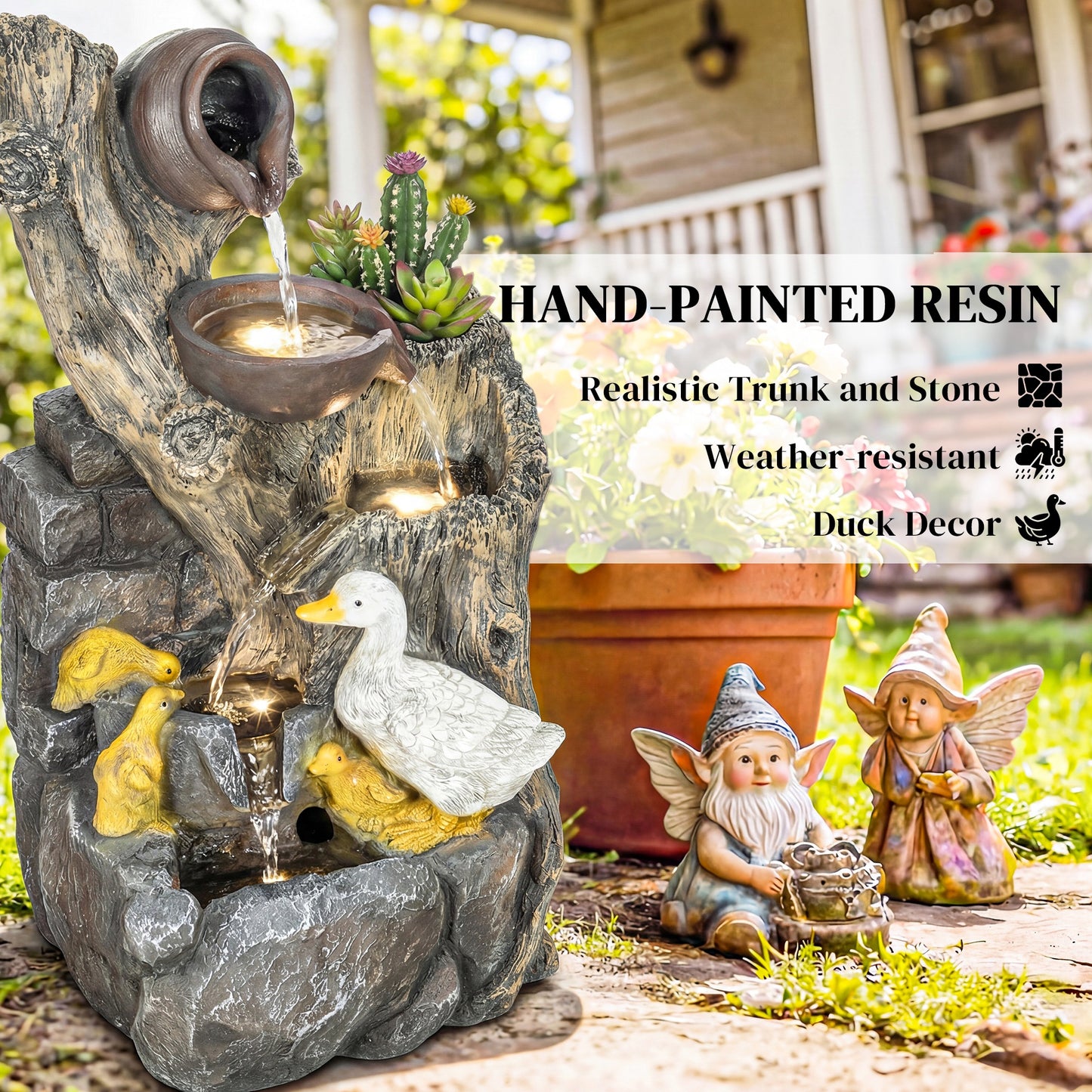5-Tier Resin Log Waterfall Fountain | Warm White LED Lights | Adjustable Pump | Integrated Planter | 6-8L | 5W | 230V | 3m Cable | 30x28x56cm | Garden & Patio | Mixed Colour