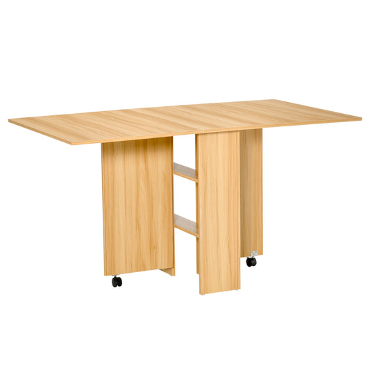 Retro Style Folding Dining Table, Drop Leaf Table for Small Spaces, Foldable Rectangular Tabletop with Storage Shelves for Kitchen, Dining Room, Teak