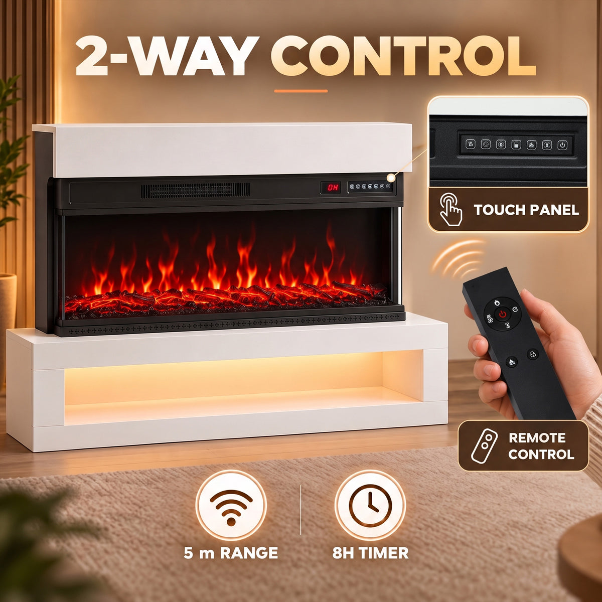 110cm Three-Sided Electric Fireplace Suite | 900/1800W, 12 Flame Colours & LED Shelf | Wall Mounted or Freestanding, Remote & Timer | White