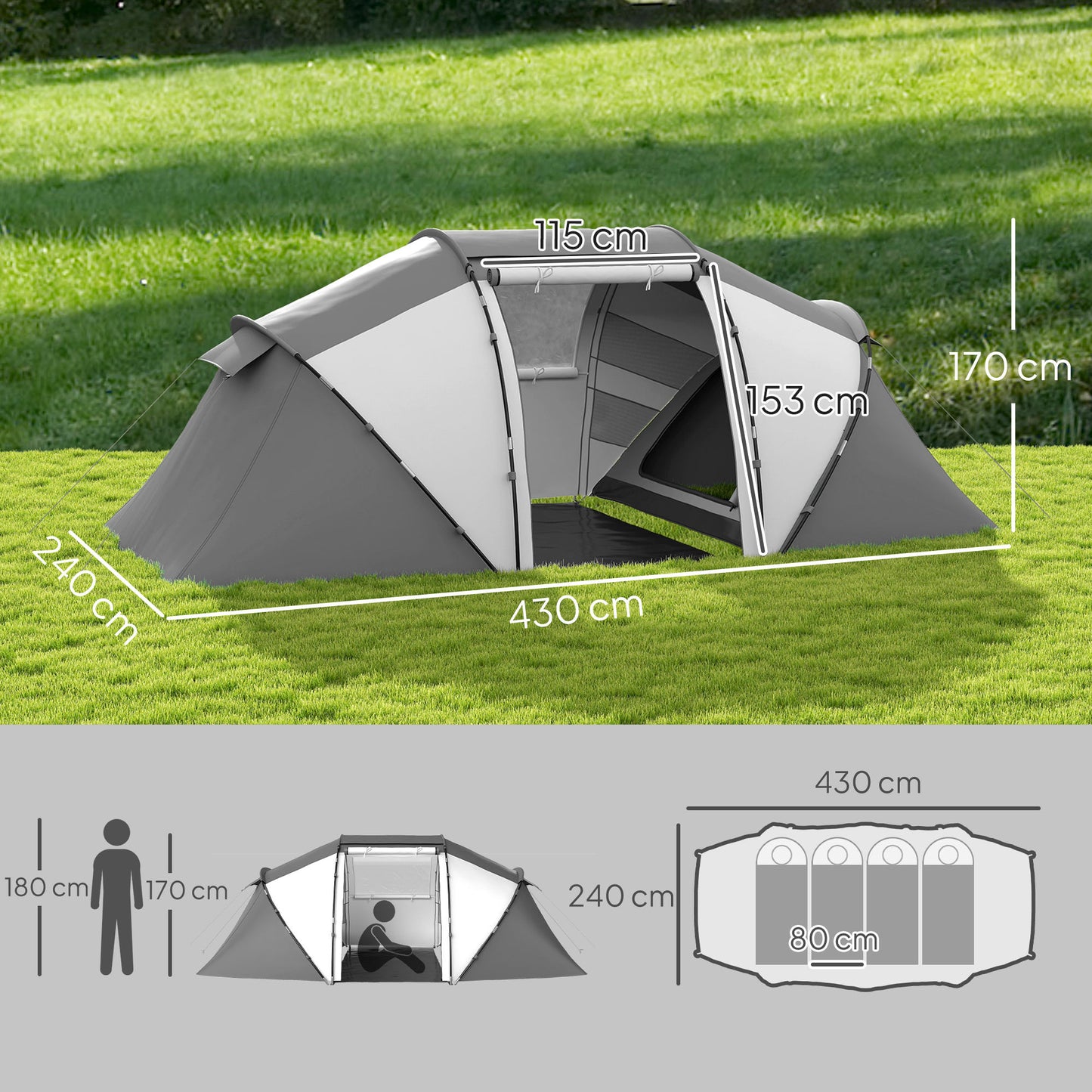Outsunny 4-6 Man UV Protection Camping Tent - Charcoal Grey and White / Green and White