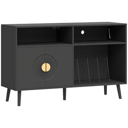 Record Player Stand with Vinyl Storage for 300 Albums | 5 Record Slots | Flip-Top Compartment | Double-Door Cabinet | Cable Hole | Pine Legs | Melamine Finish | 120x40x76cm | Walnut Brown or Black