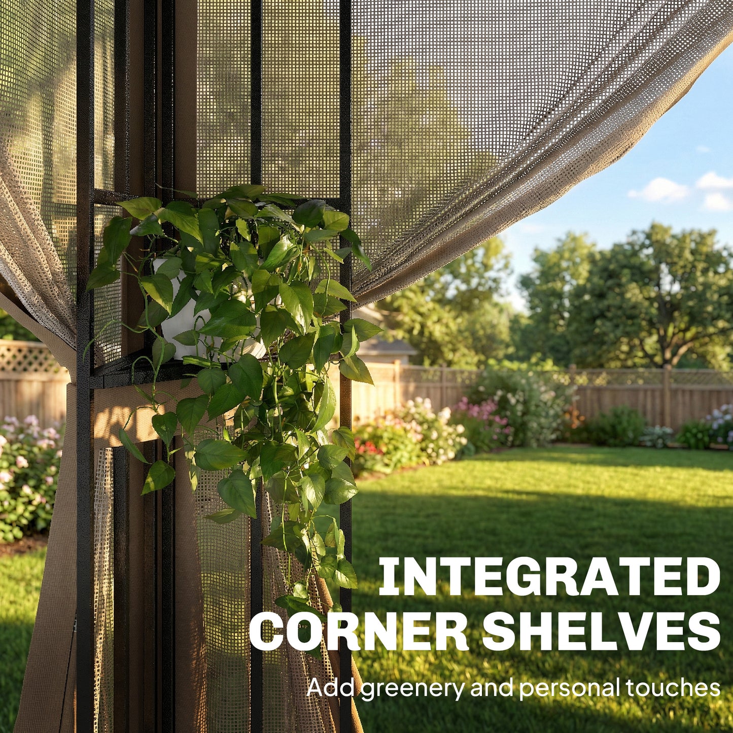 3x3.6m Garden Gazebo | Double-Tier UPF50+ Roof | 4 Mesh Panels | Triangular Powder-Coated Metal Frame | Corner Shelves | Roof Drainage Holes | Expansion Screws & Ground Stakes | Ceiling Hook | Khaki