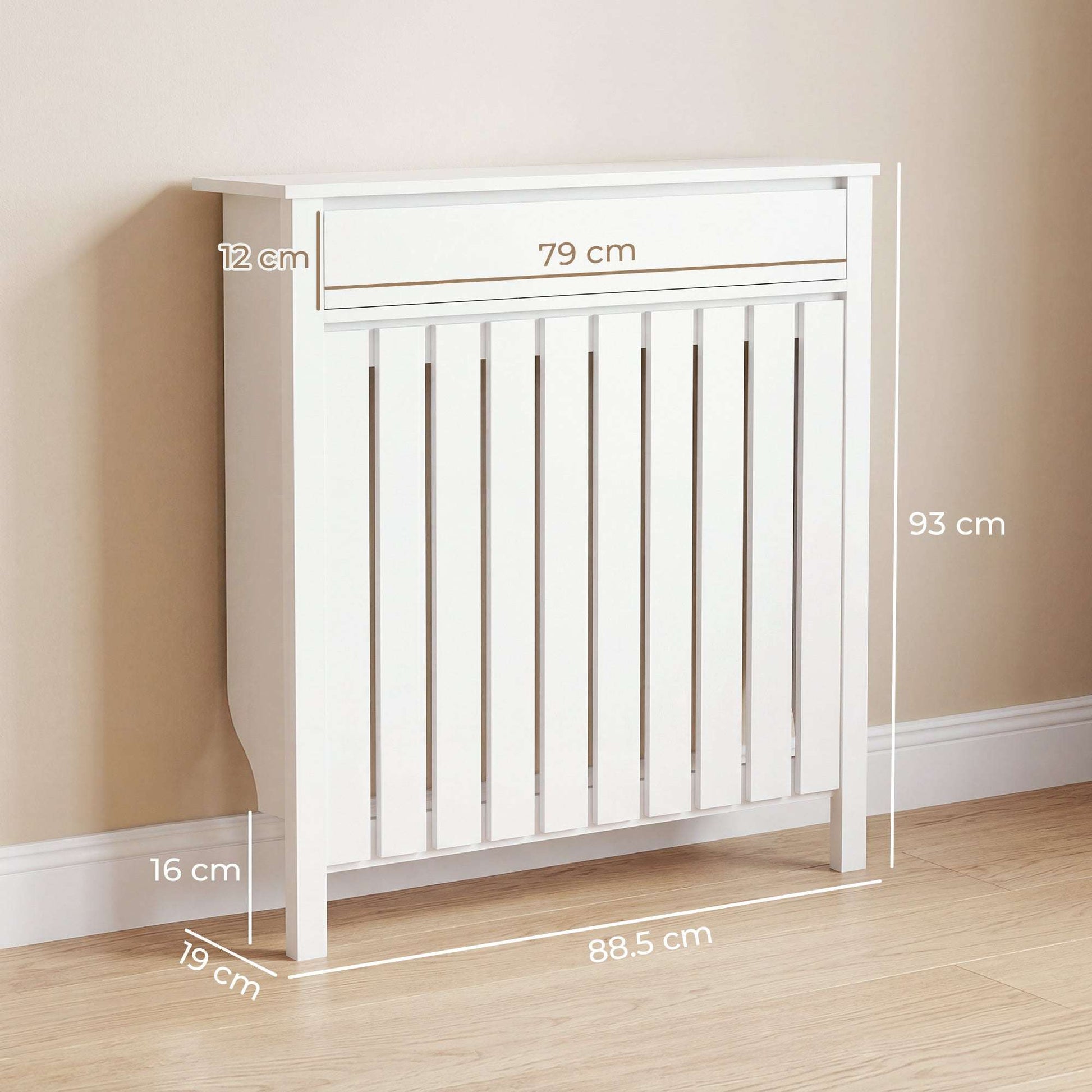 MDF & Particle Board Radiator Cover with 1 Drawer | Vertical Slats | Flat Top Display Surface | Wall Mountable | Pre-Cut Outs | 14kg Capacity | 88.5x19x93cm | White