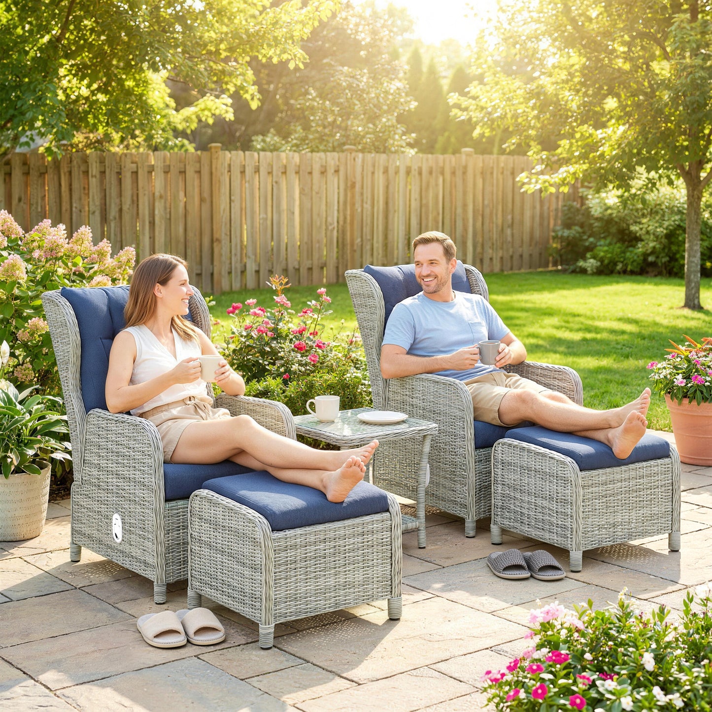 5 Piece Rattan Garden Furniture Set | 2 Reclining Chairs & 2 Footstools | Side Table | 90-135° Backrest | Aluminium Frame | Washable Cushions | 120kg | Dark Blue