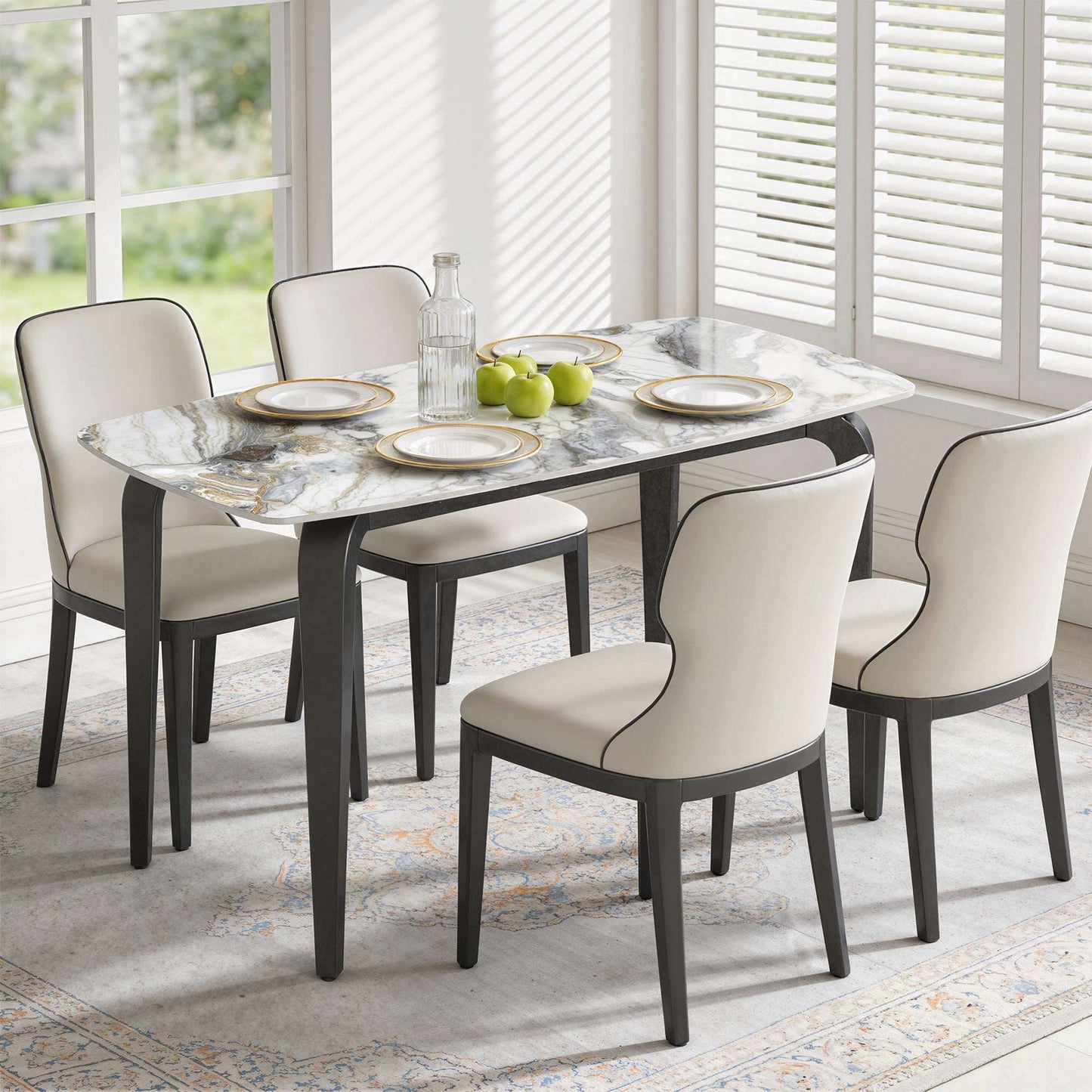 Sintered Stone Dining Table | 4 Seater | 130x70x75cm | Heat & Scratch Resistant | Stain-Resistant | Metal Legs | Adjustable Feet | White