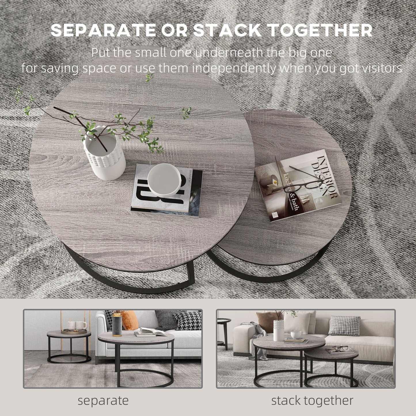 Industrial Nesting Coffee Table Set of 2, Round Coffee Tables, Living Room Table with Wood Effect Top and Steel Frame