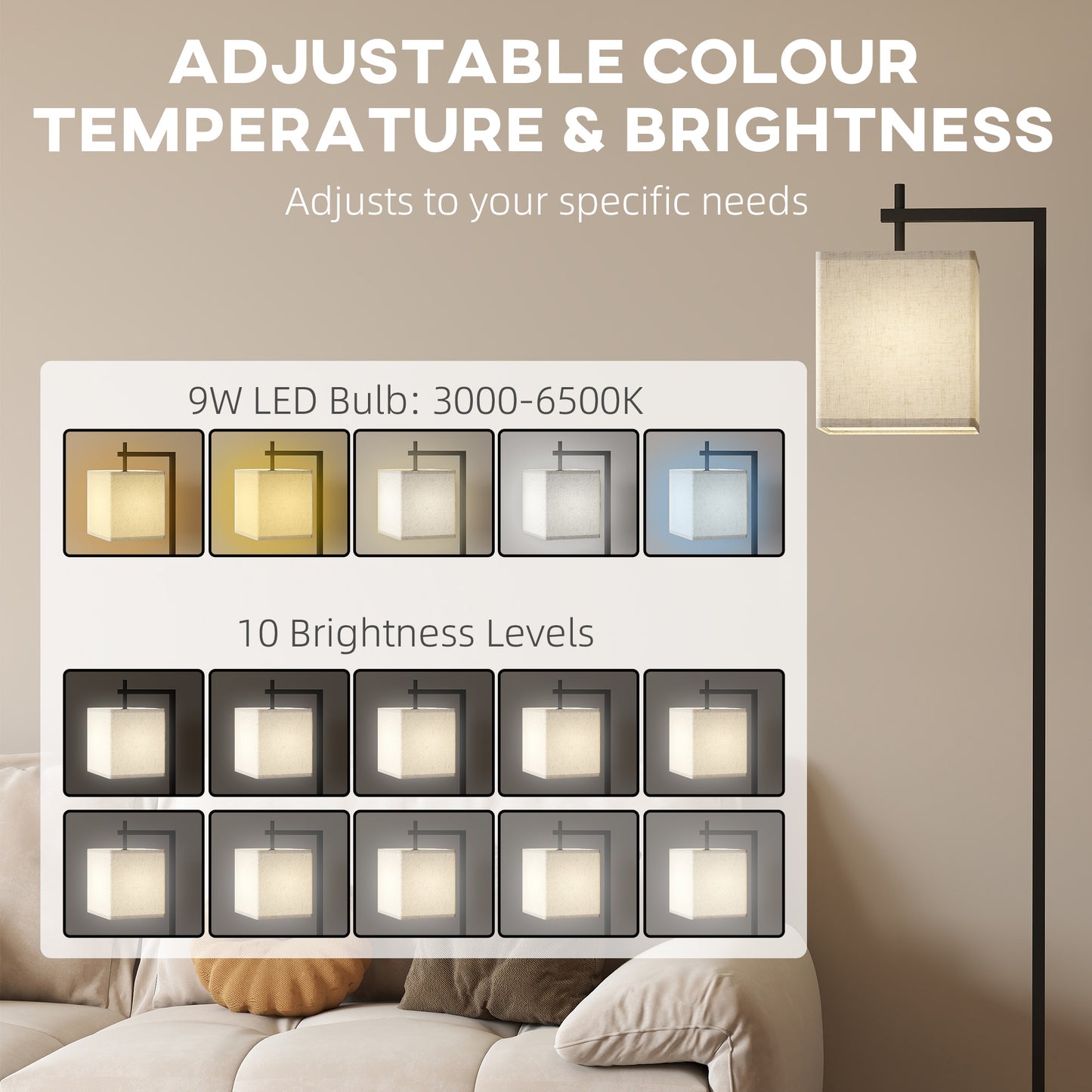 Floor Lamp for Living Room, 66" Modern Tall Standing Lamp with Adjustable Colour Temperatures & 10 Brightness Levels, Remote Control and Foot Switch 9W LED Bulb Included