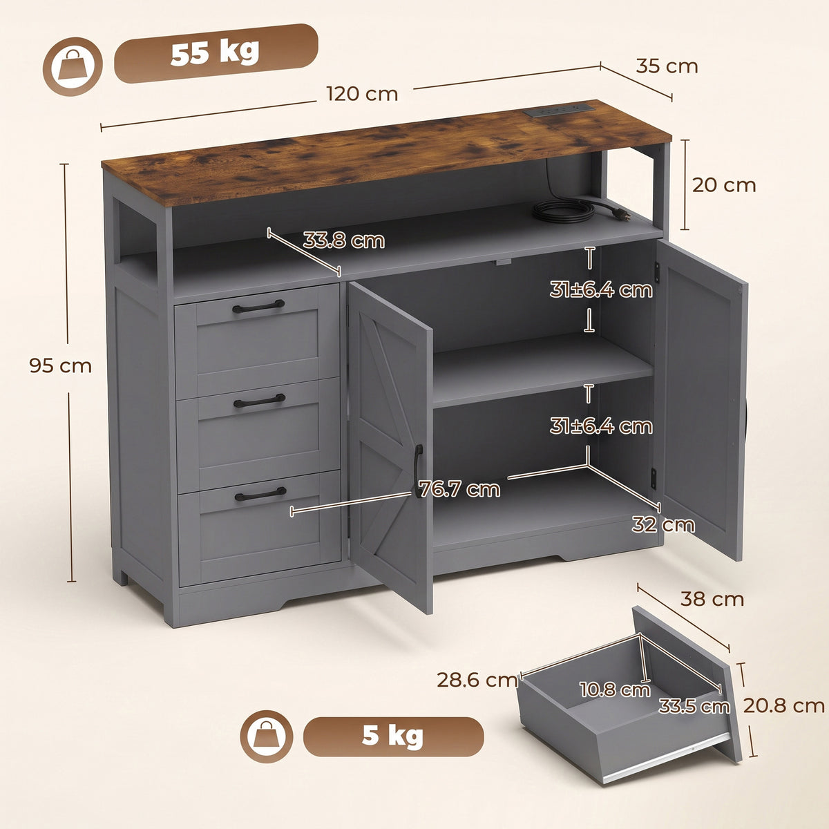 Farmhouse Sideboard with Built-In Charging Station | 2 AC Outlets USB USB-C | 3 Drawers | Adjustable Cabinet Shelf | Open Shelf | 120x35x95cm | 55kg | Melamine | TV Stand to 42in | Grey