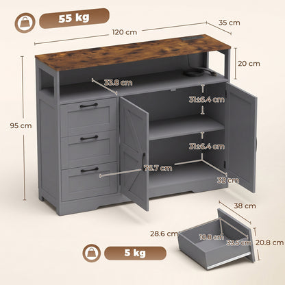 Farmhouse Sideboard with Built-In Charging Station | 2 AC Outlets USB USB-C | 3 Drawers | Adjustable Cabinet Shelf | Open Shelf | 120x35x95cm | 55kg | Melamine | TV Stand to 42in | Grey