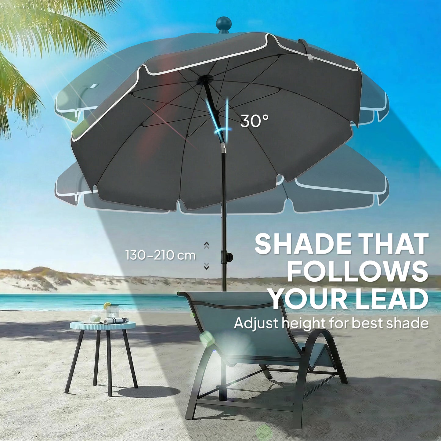 Beach Umbrella Parasol | 1.8m | 30° Tilt | UPF30+ | Adjustable 130-210cm | Sand Anchor | Carry Bag | Dark Grey