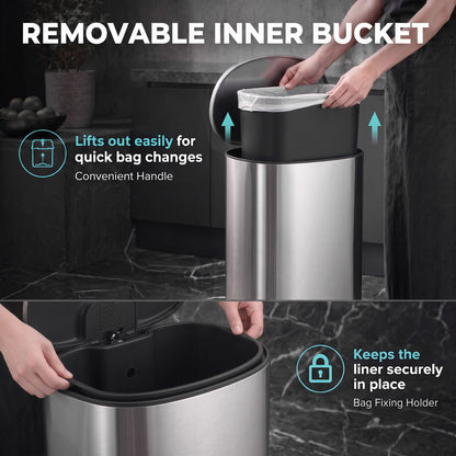 50L Kitchen Pedal Bin | Brushed Stainless Steel Silver Tone | Soft-Close & Stay-Open Lid | Removable Bucket, Bag Retainer & Deodoriser Compartment