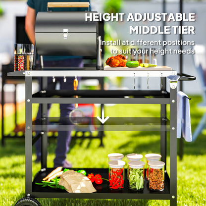 BBQ Trolley with Stainless Steel Top Adjustable Shelf, Outdoor Kitchen BBQ Station with Hooks Seasoning Tray Towel Rack, Pizza Oven Table