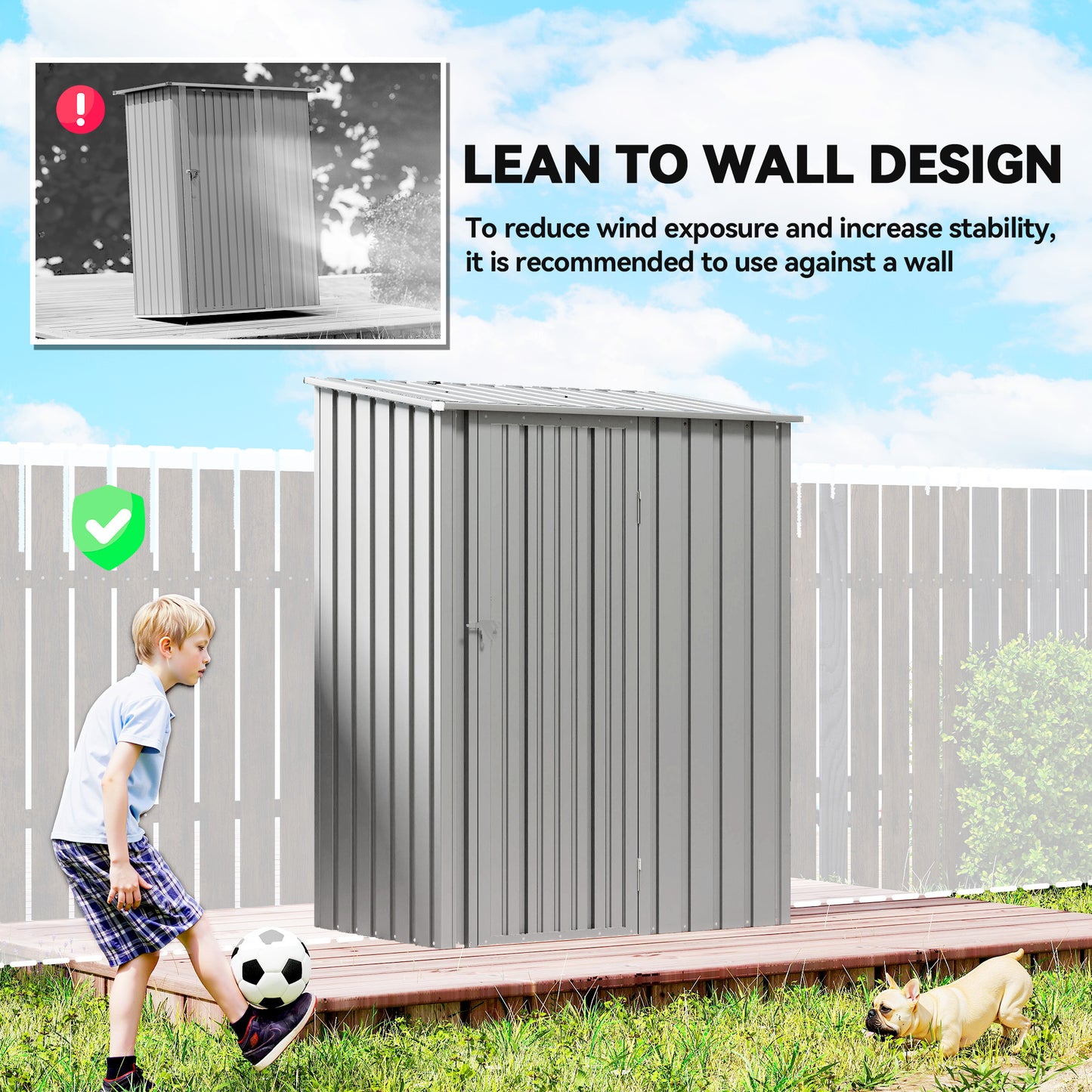 Corrugated Galvanised Steel Garden Storage Shed | Sloped Roof | Tall Latch Door | Pre-Drilled Panels | Weather-Resistant Coat | 142x86x189cm | 1.07m² | Tools & Bins | Aluminium Grey