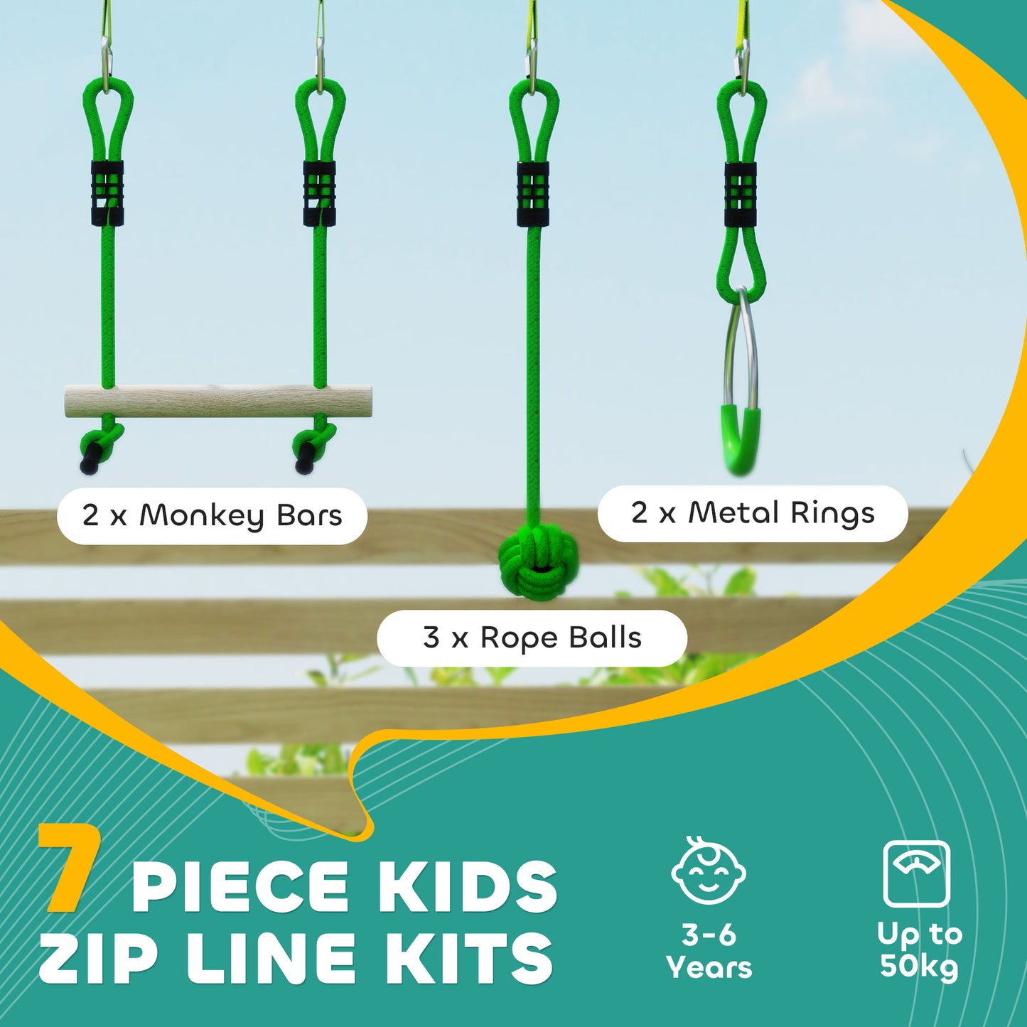 AIYAPLAY 3 Piece Kids Zip Line Kit for Garden, 10m Kids Slackline Kit with Wooden Monkey Bars, Metal Rings, Gripping Balls, Green