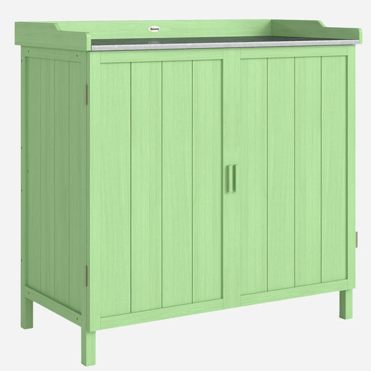Wood Garden Storage Cabinet, Outdoor Tool Shed, Potting Bench Table with galvanised Top and Two Shelves, Green