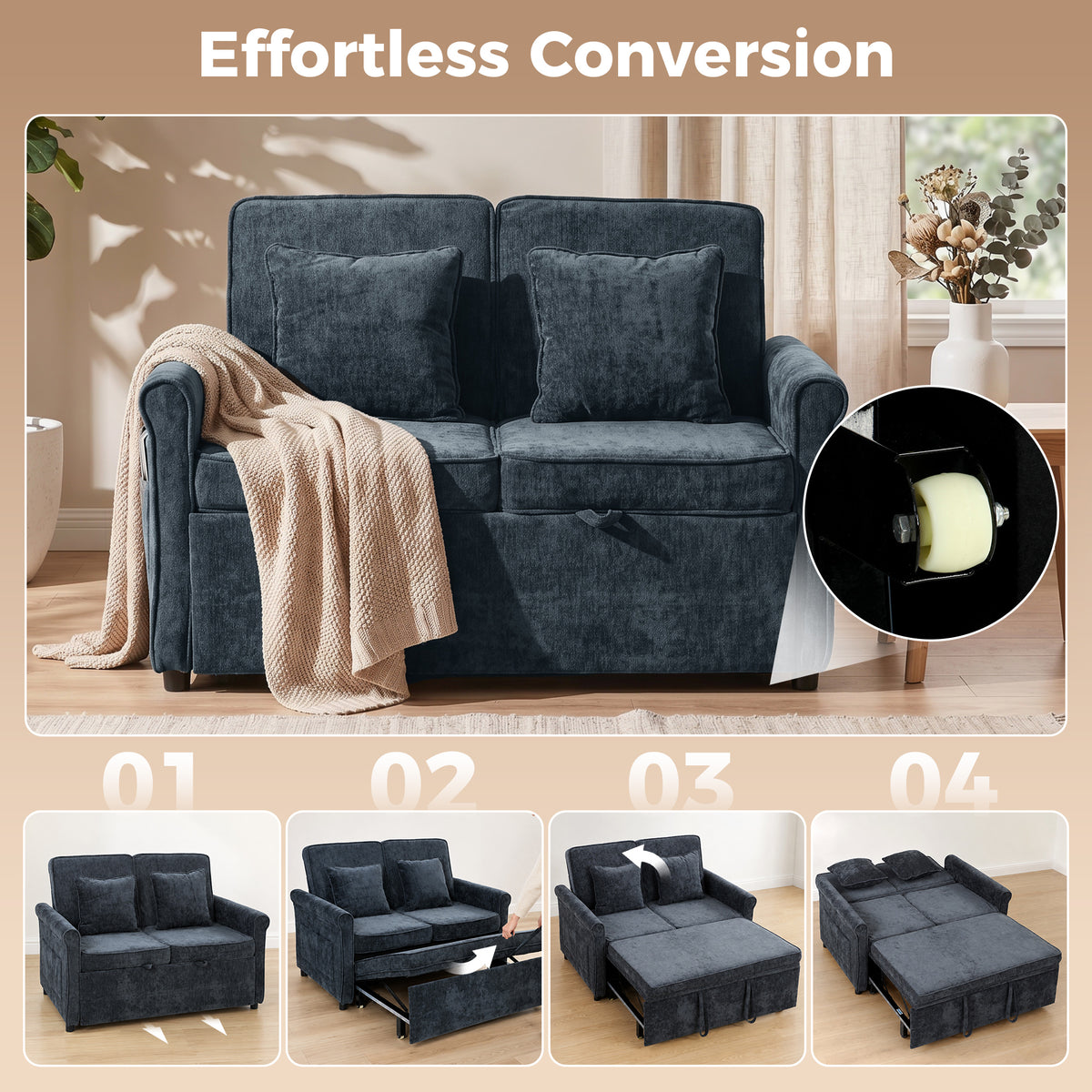 2 Seater Sofa Bed | Dark Blue Chenille Convertible Sleeper with 5-Position Backrest