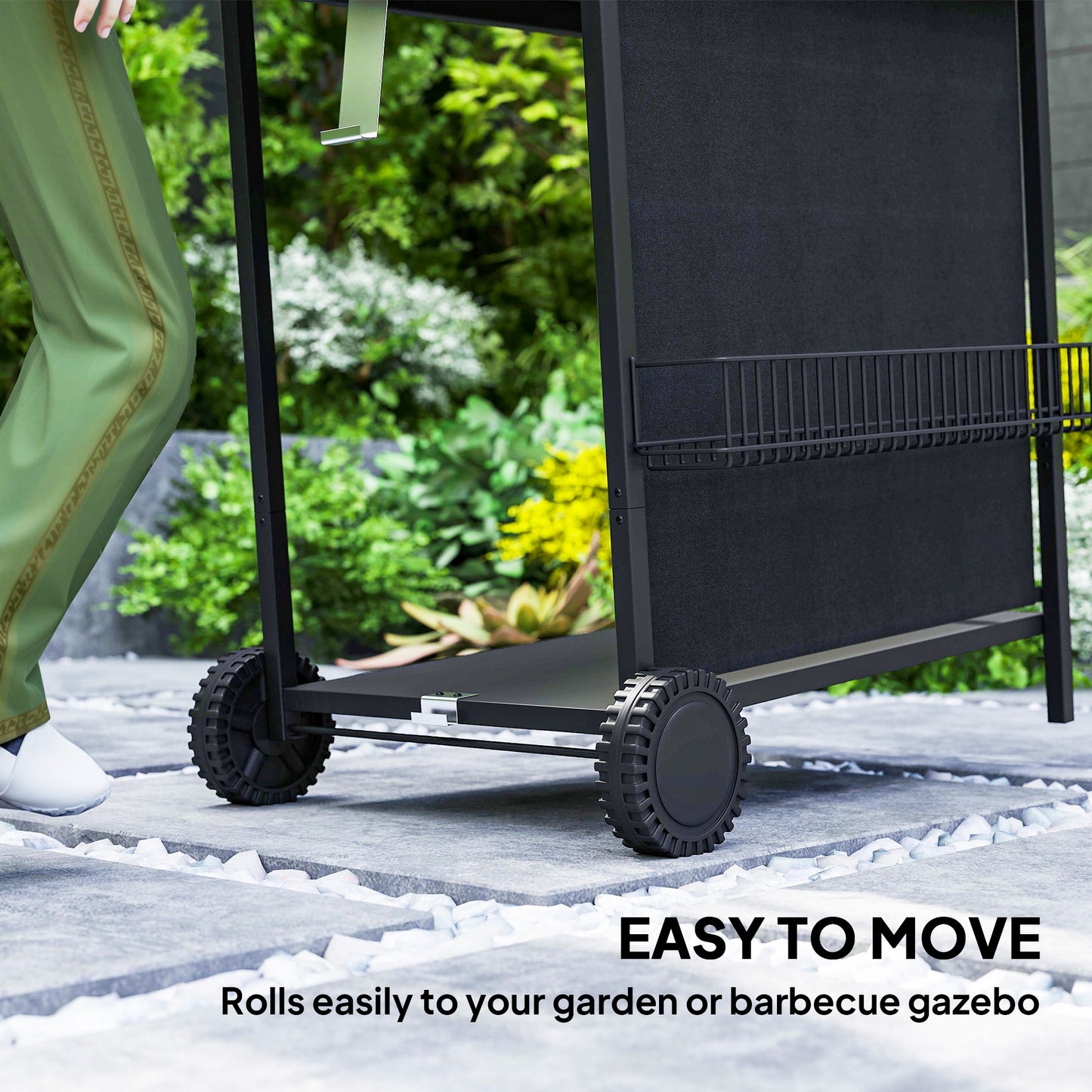 4+1 Burner Gas BBQ Grill, Portable Gas Barbecue Grill with Built-in Thermometer, Lid, Side Table, Shelf, Spice Rack, Wheels, Grease Cup, Black