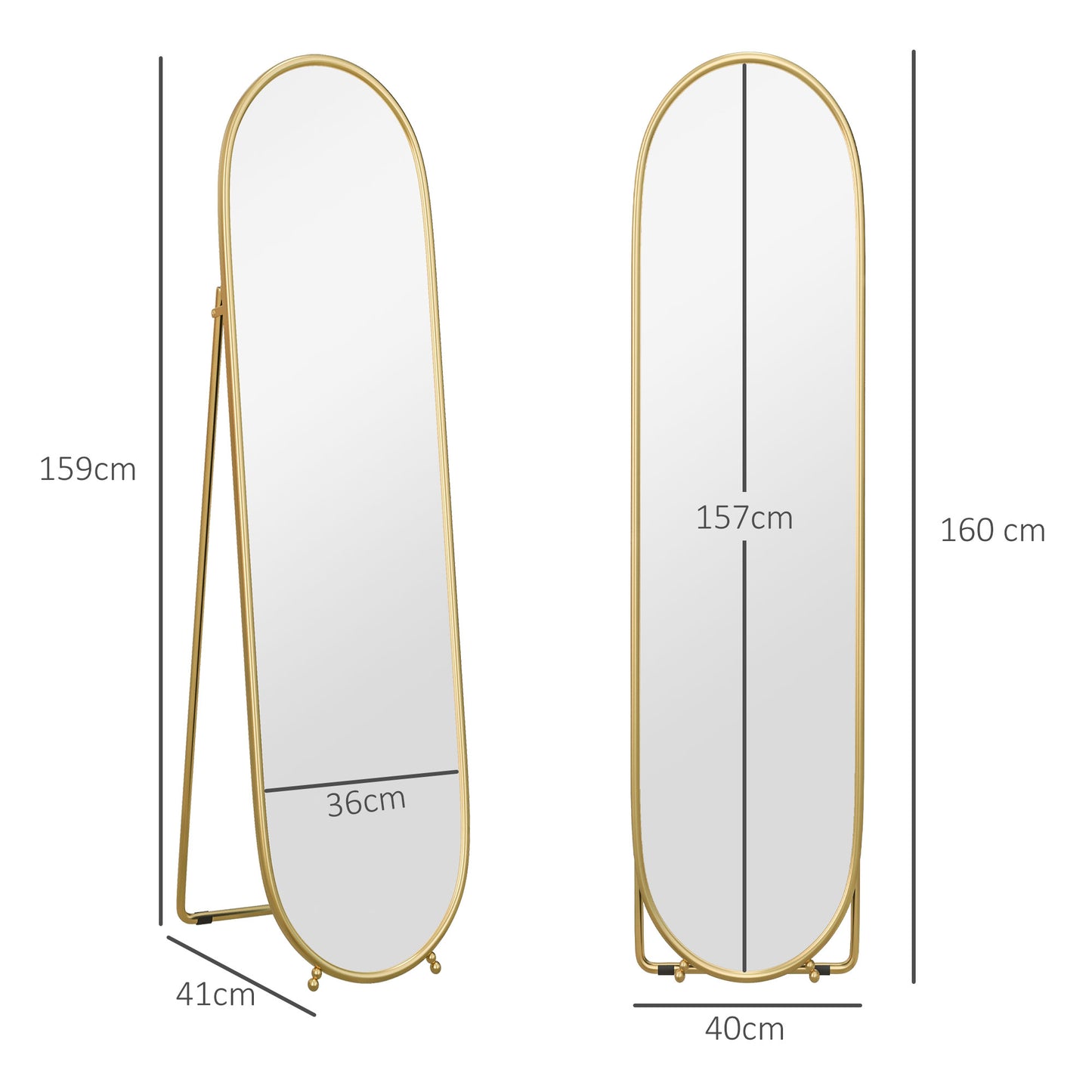40 x 160cm Full Length Mirror, Floor Standing, Wall-Mounted or Leaning Against Wall Tall Mirror with Support Frame, Oval Full Body Mirror for Bedroom, Living Room, Gold Tone