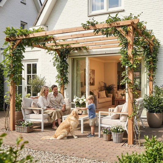 3 x 3 m Wooden Pergola Kit, Garden Pergola Gazebo Grape Trellis with Triangle Supports, 5 Beams, Maple Wood-effect