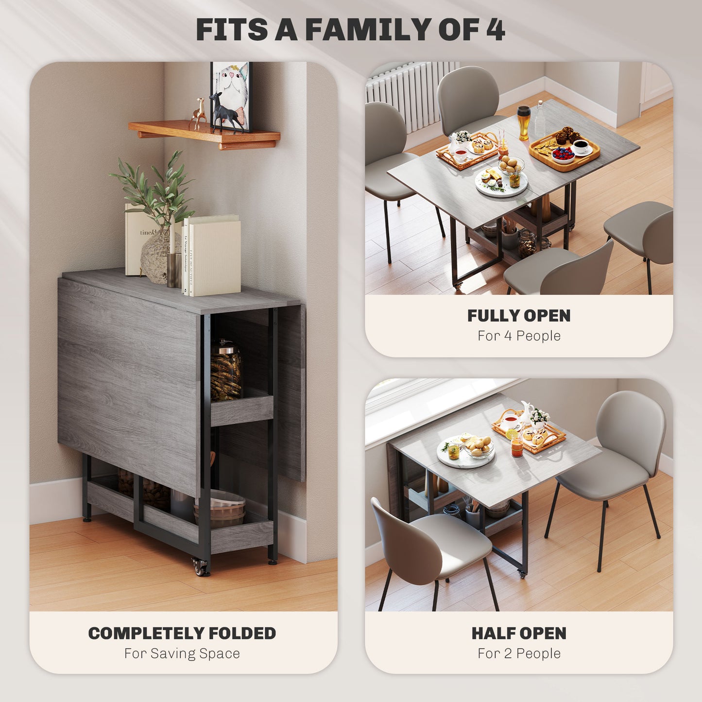 Retro Vintage Style Industrial Folding Dining Table, Drop Leaf Table for Small Spaces, Kitchen, Dining Room, Grey