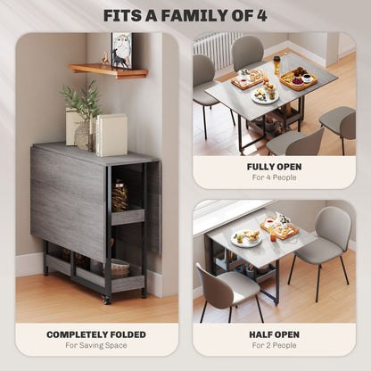 Retro Vintage Style Industrial Folding Dining Table, Drop Leaf Table for Small Spaces, Kitchen, Dining Room, Grey