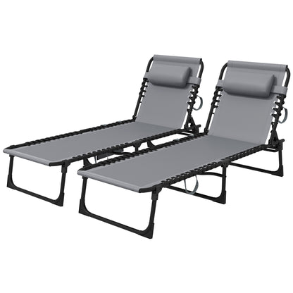Portable Sun Lounger Set of 2, Folding Camping Bed Cot, Reclining Lounge Chair 5-position Adjustable Backrest with Side Pocket, Pillow - Grey