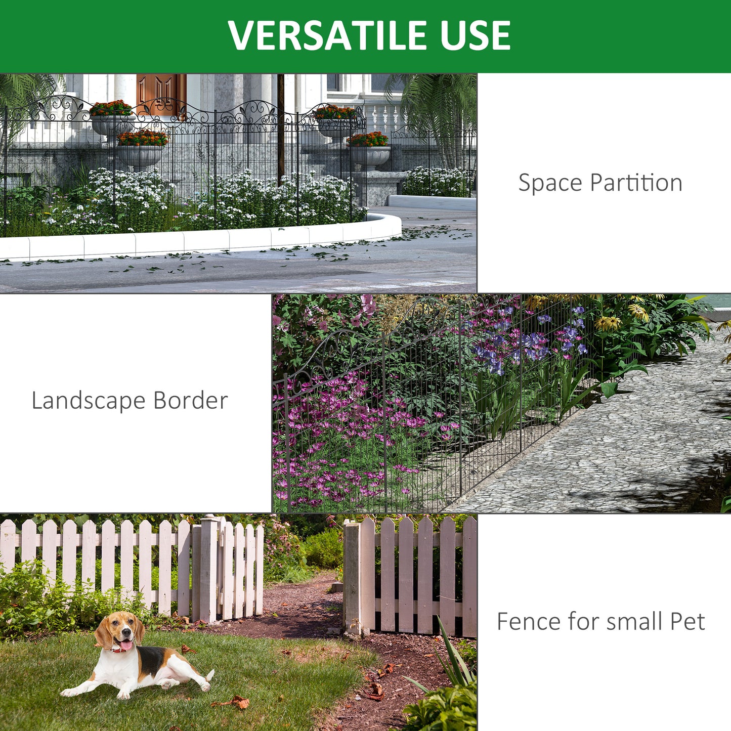 Outsunny Set of 2 Decorative Garden Fence, 8 Panels Metal Picket Fence, Versatile Shapes for Patio Lawn, 365cm x 112cm, Black