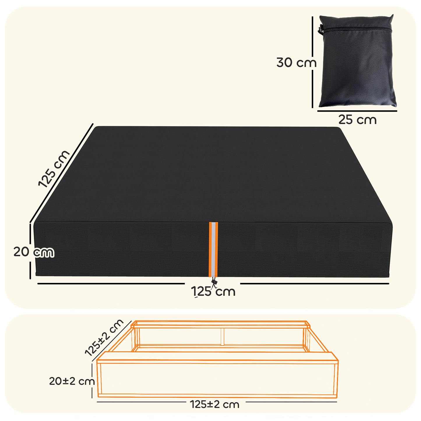 Sandpit Cover Waterproof & UV Protection – 420D Oxford Cloth, Dual Drawstring & Elastic Fix, Reflective Strips, Fits 123–127cm Sandpits, Storage Bag Included – Black