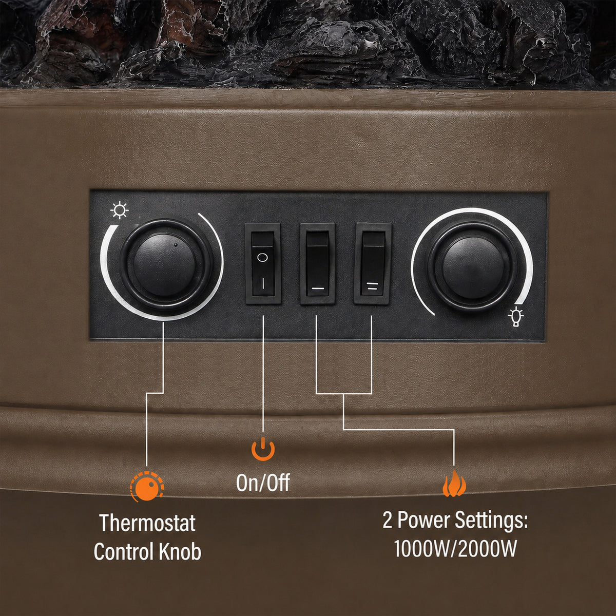 3-Sided Electric Fireplace Stove Heater | 1000/2000W Freestanding 3D Flame Effect with 10-35°C Thermostat | 15-30 m² | Brown, Grey or Black