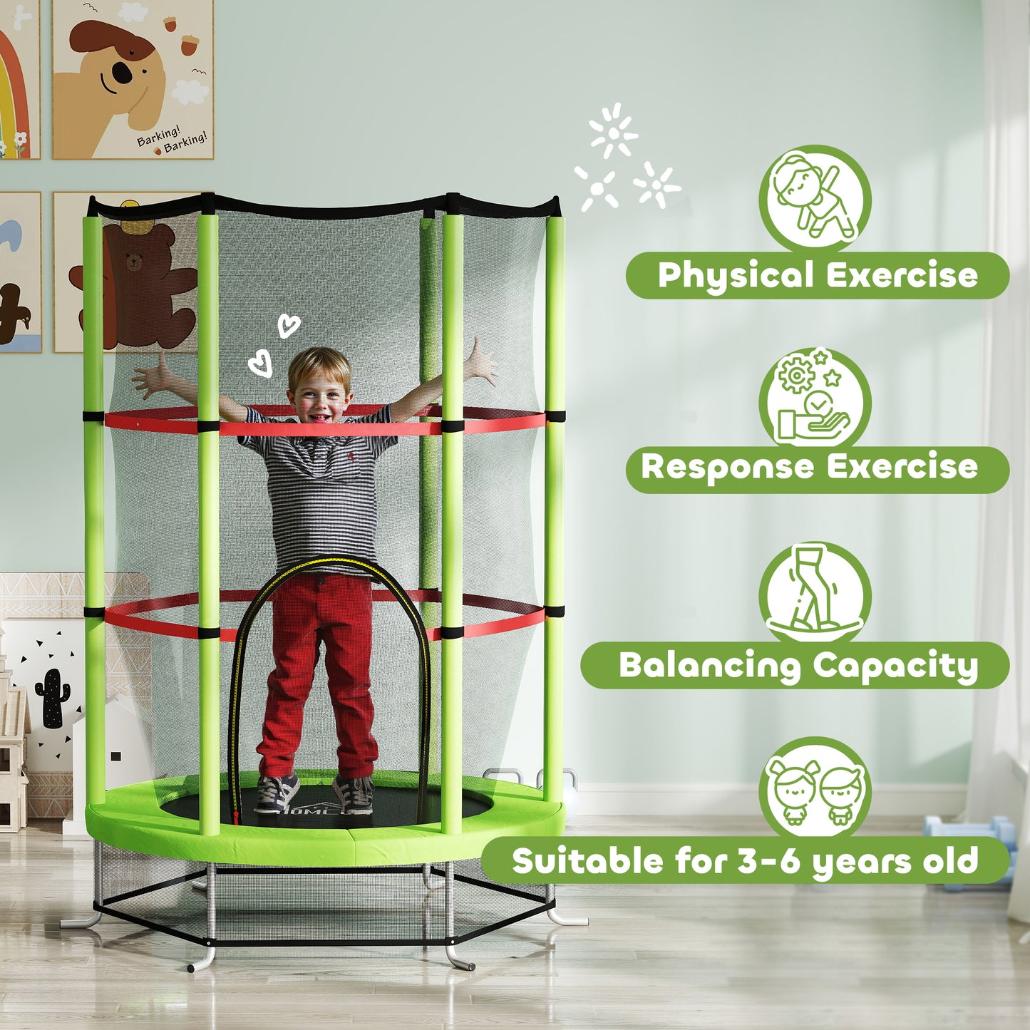 Kids Trampoline, with Enclosure Net, Steel Frame, for Ages 3-6 Years - Green / Blue