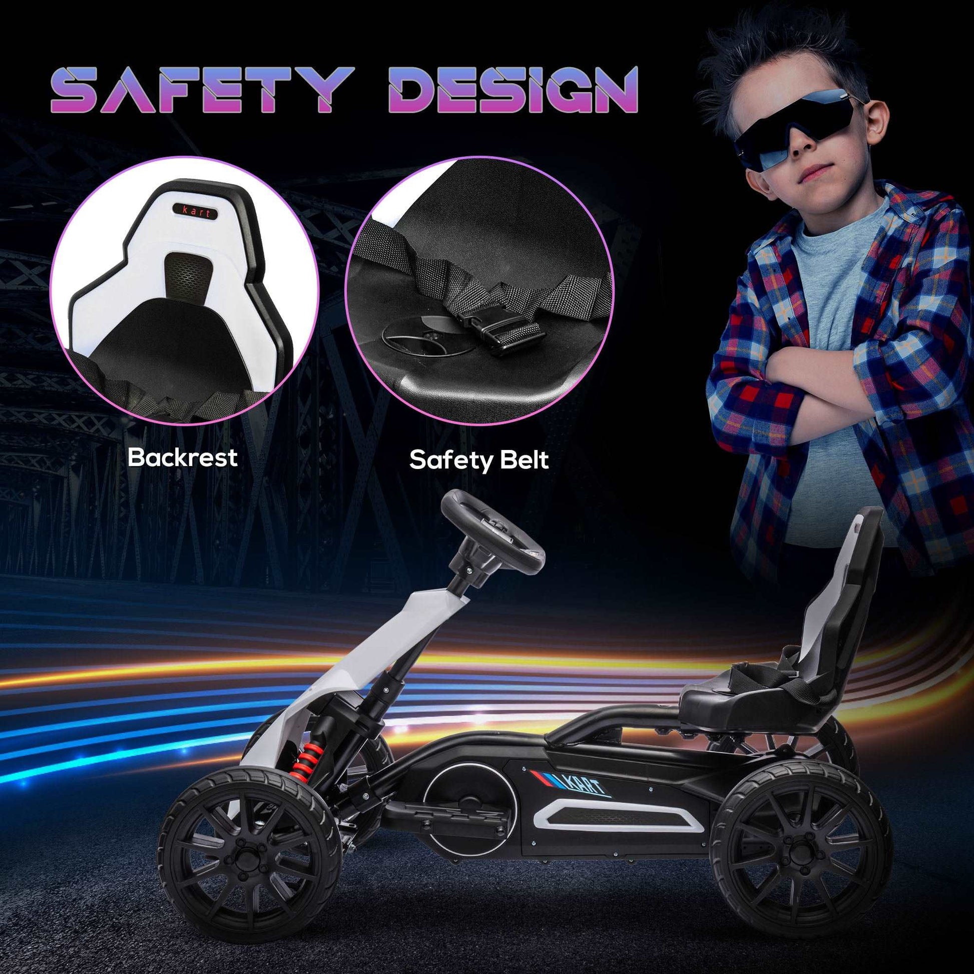 12V Electric Go Kart for Kids, Ride-On Racing Go Kart with Forward Reversing, Rechargeable Battery, 2 Speeds, for Boys Girls Aged 3-8 Years Old - White