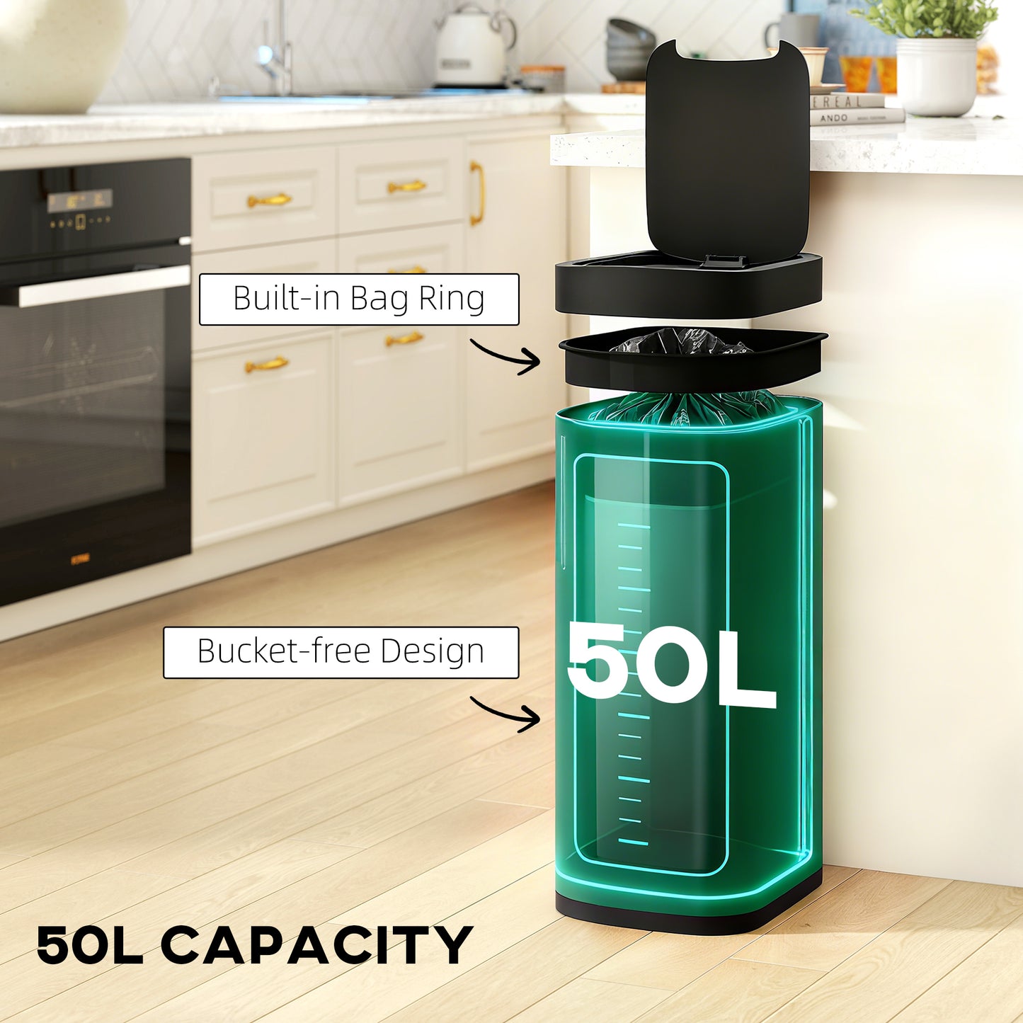 50L Sensor Bin, Automatic Kitchen Bin, Manual Override, Battery Operated, Inner-Bucket-Free, for Kitchen, Bedroom