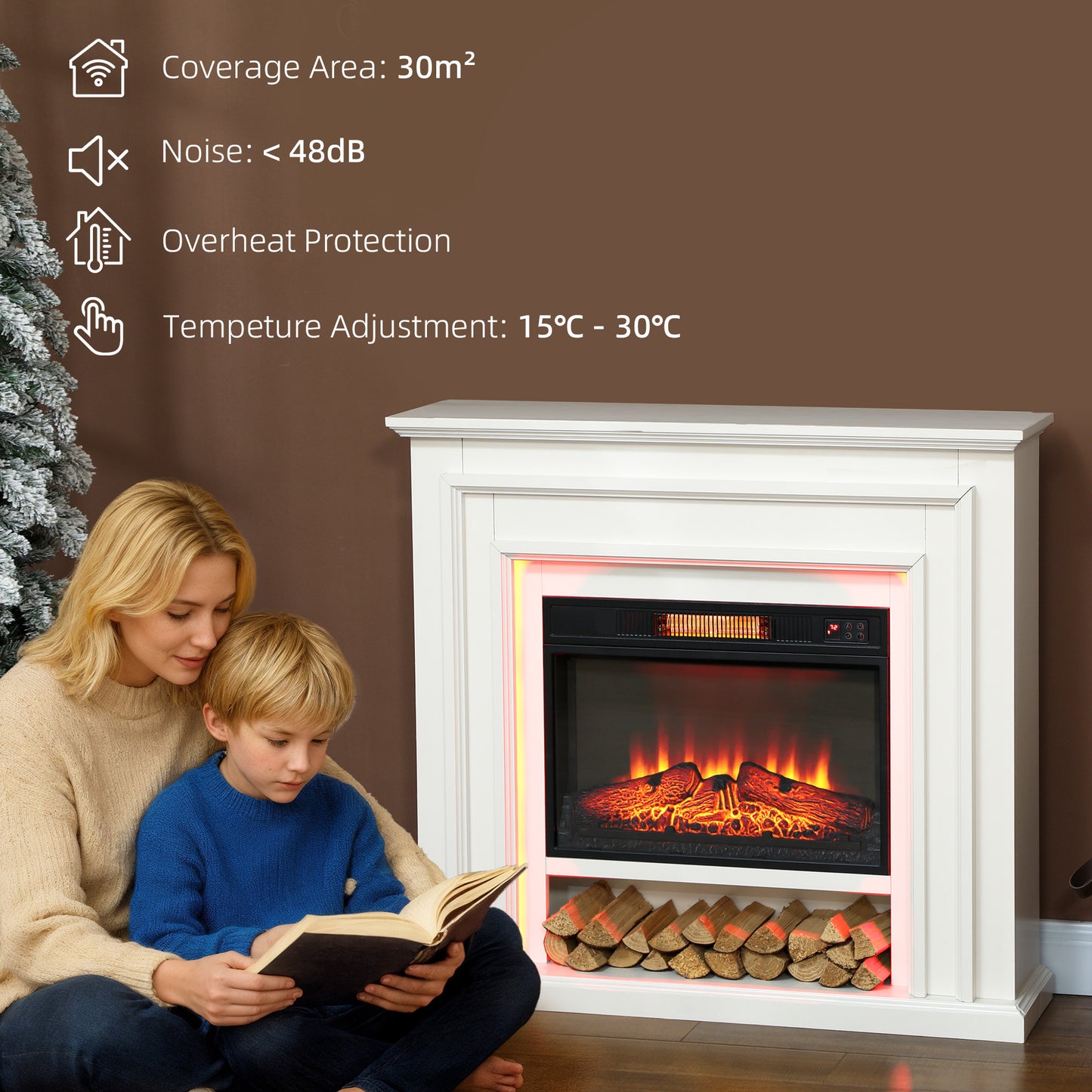 Electric Fireplace with RGB LED Lights, Realistic Flame Effect & 3 Brightness Levels, 1800W Inset Electric Fire and Mantel Reach up to 30 m² Space with Remote & Timer for Living Room, White